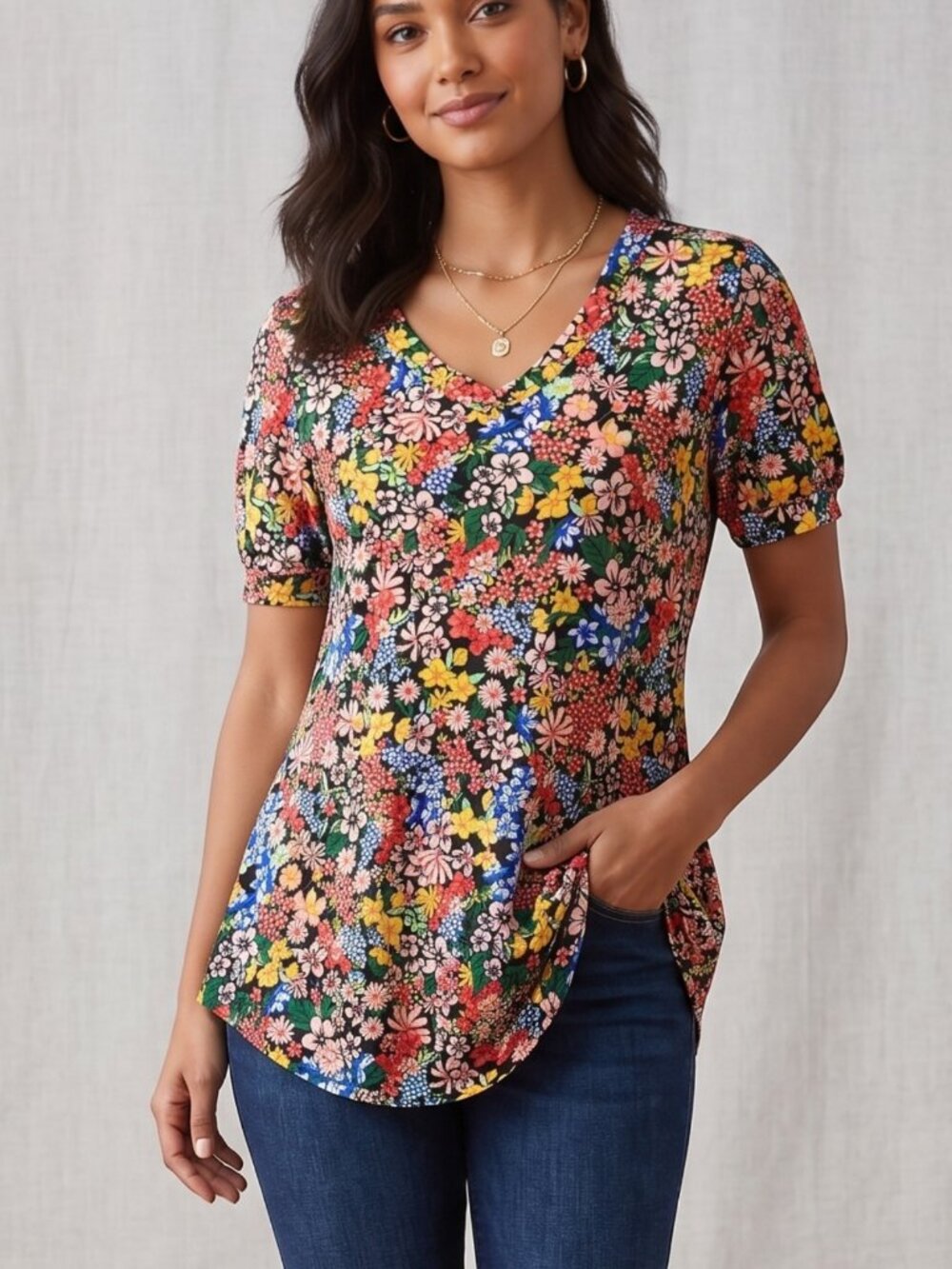 NWOT | Vibrant Multi Color Floral V-Neck Sculpted Top Puff Sleeve Curved Hem | M